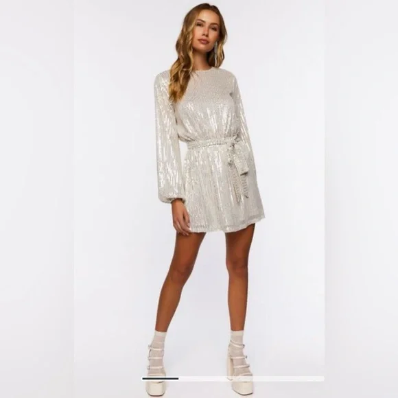 Dresses | Forever21 Sequin Peasant Longsleeve Mini Dressschampagnenwt |  Poshmark